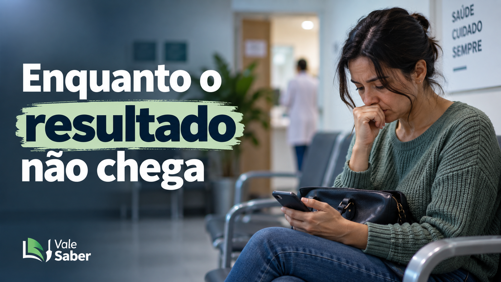 Pessoa aguardando resultado de exame médico e olhando o celular em uma sala de espera