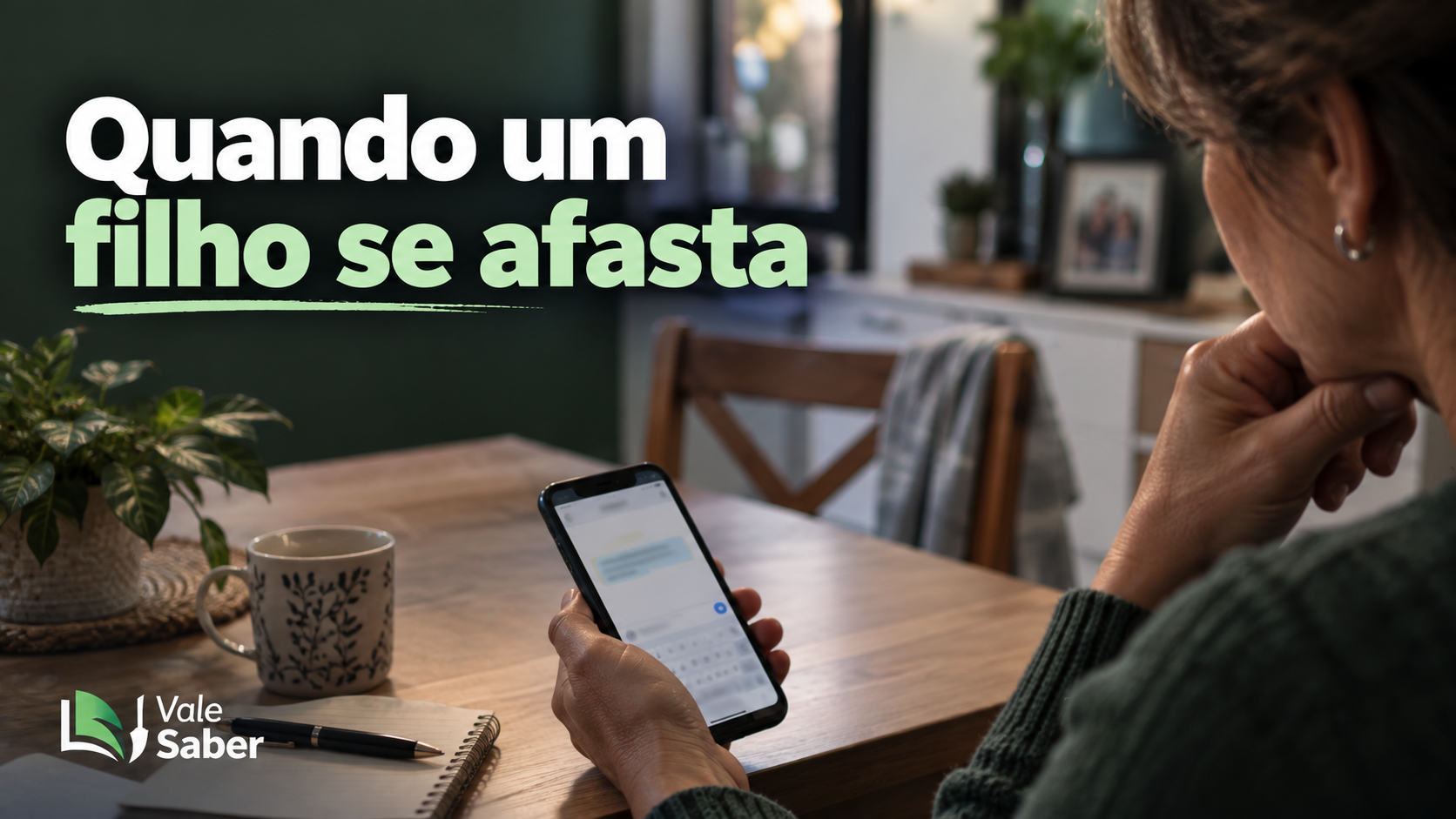 Pai segurando o celular enquanto pensa em enviar uma mensagem ao filho adulto que se afastou