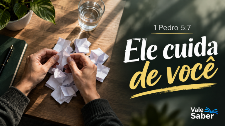 Pessoa organizando preocupações escritas em papéis ao refletir sobre 1 Pedro 5:7