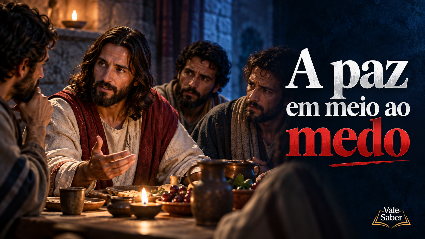 Jesus conversando com os discípulos na última noite representada em João 14:27