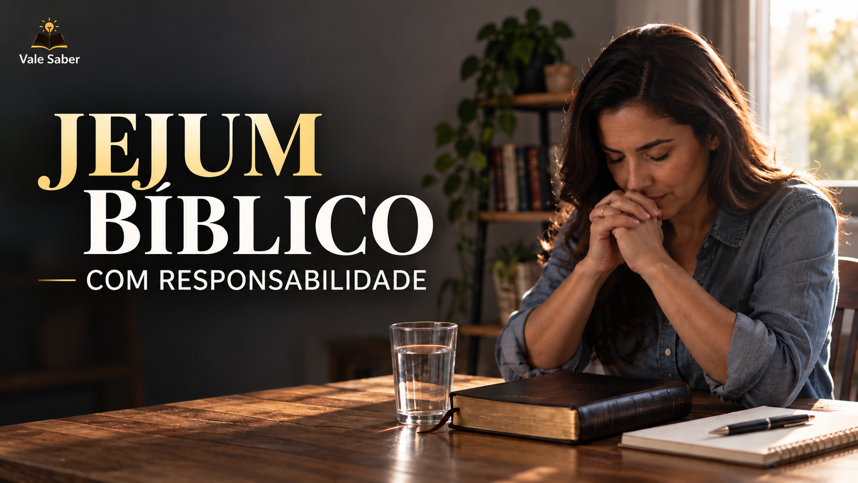 Pessoa em oração silenciosa diante de uma mesa simples durante um período de jejum